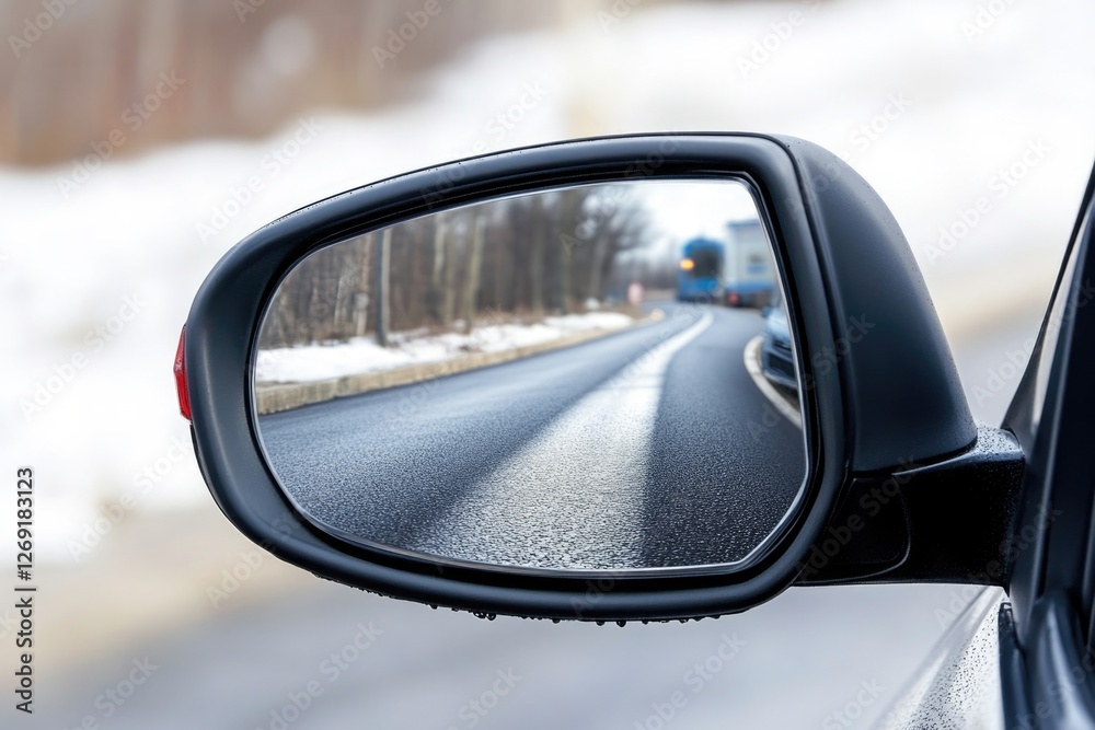 Side view mirror of a car on a snowy road, perfect for winter or automotive themes Side view mirror of a car on a snowy road, perfect for winter or automotive themes