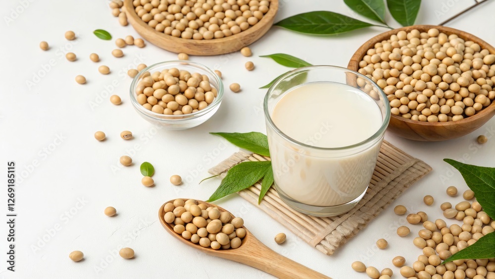 Fresh Soy Milk and Soybeans on Table - A vibrant display featuring fresh soy milk in a glass surrounded by various forms of soybeans and green leaves Fresh Soy Milk and Soybeans on Table - A vibrant display featuring fresh soy milk in a glass surrounded by various forms of soybeans and green leaves