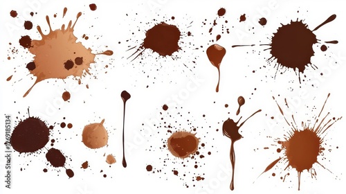 Diverse chocolate splatters and stains across a white background showcasing various shapes and sizes