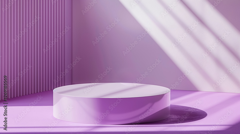 Abstract minimalistic scene with geometric forms, showcasing a podium on a purple background with shadows, perfect for product presentations and cosmetic product displays. Abstract minimalistic scene with geometric forms, showcasing a podium on a purple background with shadows, perfect for product presentations and cosmetic product displays.