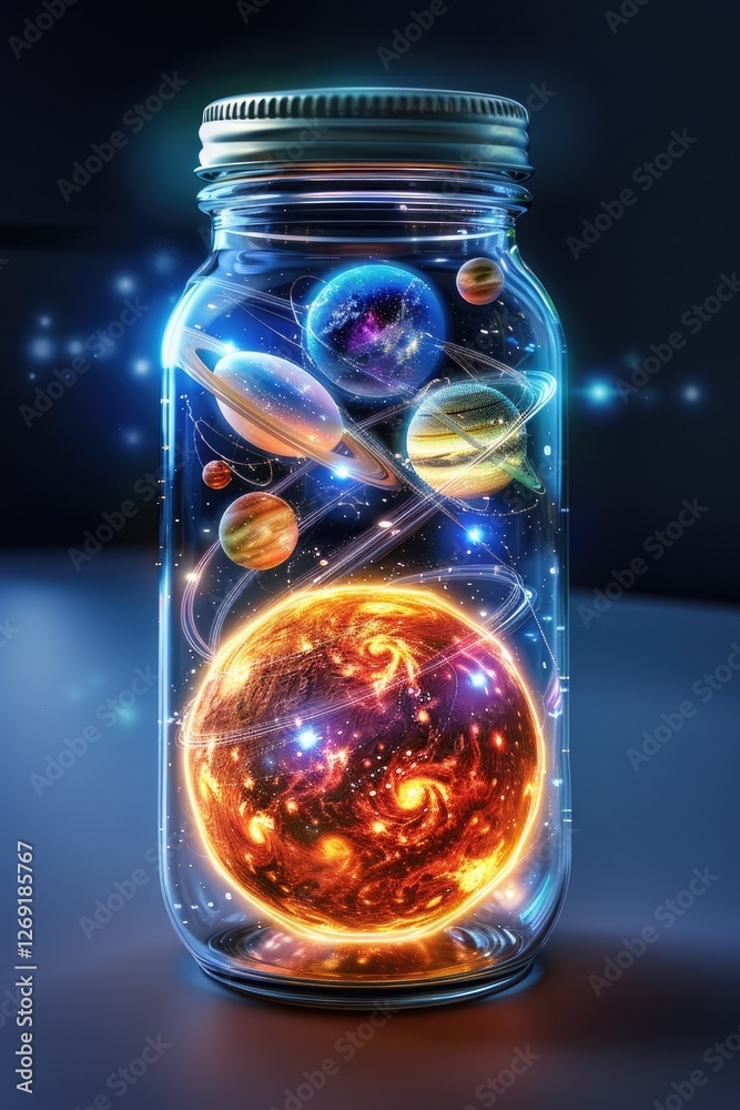 Cosmic jar exploration captivating solar system model interior digital art night cosmic wonders
