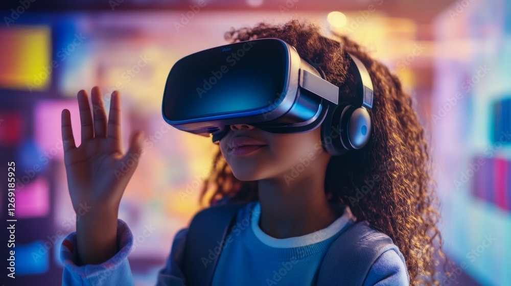 Student engages with vr headset for immersive learning using ai and machine learning technologies Student engages with vr headset for immersive learning using ai and machine learning technologies