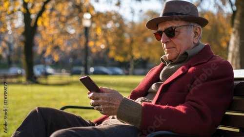 Elderly man wearing a hat and sunglasses seated on a park bench outdoors with...