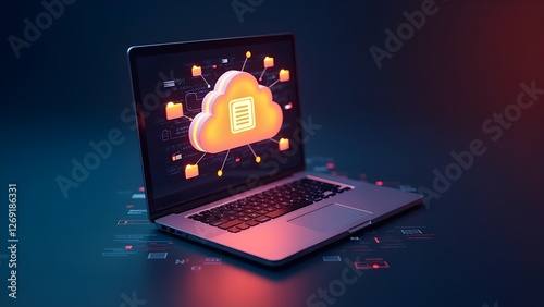 computer laptop cloud storage, Computer laptop and dashboard for Data document Management System on cloud online documentation database and digital file storage system or software, records keeping