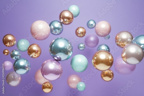 Colorful abstract spheres floating against a soft purple background, creating a dreamy and playful atmosphere with pastel hues and metallic accents photo