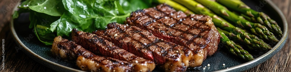 Freshly cooked steak served with steamed asparagus on a plate Freshly cooked steak served with steamed asparagus on a plate