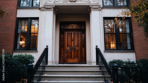 Inviting entrance to a classic brick townhouse on an autumn day