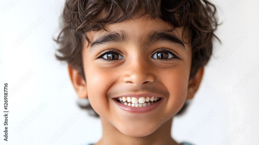 Portrait of cheerful Indian boy with curly hair and bright smile showing pure happiness and innocence, authentic candid expression of childhood joy and optimism isolated on white background Portrait of cheerful Indian boy with curly hair and bright smile showing pure happiness and innocence, authentic candid expression of childhood joy and optimism isolated on white background