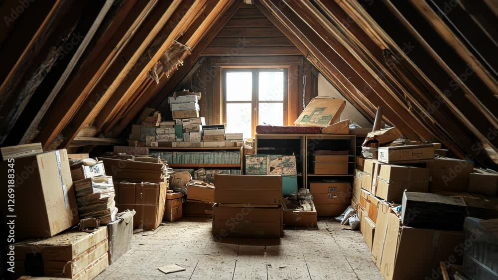 A cluttered attic filled with boxes and old items, illuminated by natural light from a window. A cluttered attic filled with boxes and old items, illuminated by natural light from a window.