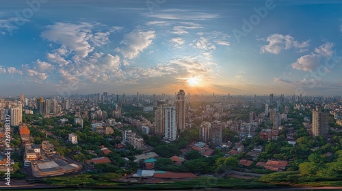 Stunning 8K Equirectangular Projection of Mumbai Suburb at Sunset in HDRI Quality, Gigapixel Detail for High-Resolution Viewing