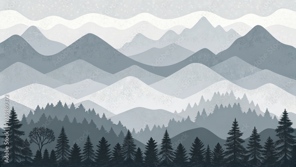 Fototapeta premium Serene Mountain Landscape in Grayscale - A peaceful illustration of mountains and forests in muted gray tones, perfect for nature themes and backgrounds