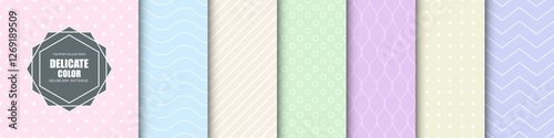 Collection of color delicate geometric seamless patterns. Simple cute bright backgrounds with lines and dots. Repeatable unusual minimalistic prints. Textile endless textures
