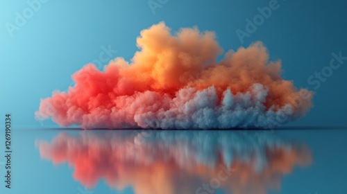 Colorful smoke cloud reflected in still water against a blue background.