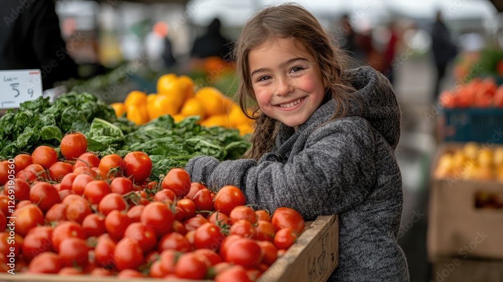 Young girl smiling while standing at a vibrant market stall filled with fresh tomatoes and greens Young girl smiling while standing at a vibrant market stall filled with fresh tomatoes and greens