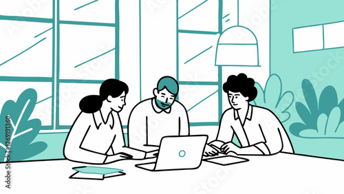 Vector art: Group of people collaborating with laptop in modern office space. Represents teamwork and digital workplace. Minimalist style for business and corporate content.