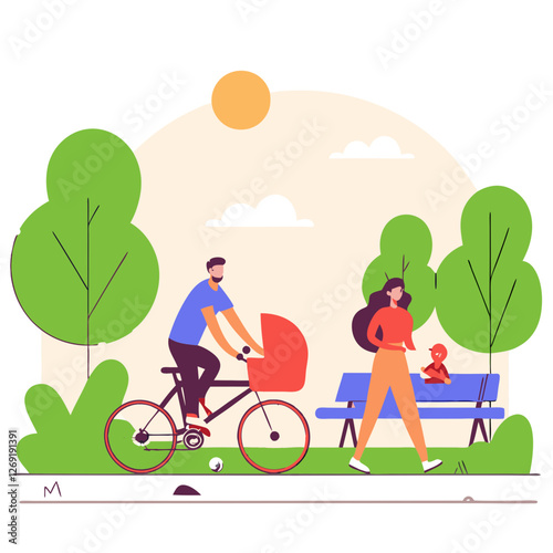 Vector illustration: Diverse group in park with trees, benches, and cyclist. Represents community and outdoor activities in urban green spaces. Colorful minimalist style.