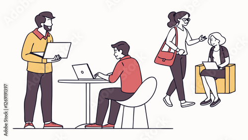 Vector illustration: Diverse group doing yoga in park. Shows community fitness and outdoor wellness activities. Minimalist style for health and urban lifestyle content.