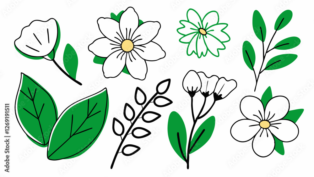 Obraz premium Flower and leaf vector set. Botanical illustrations for nature and spring-themed designs.