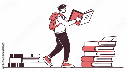 Vector illustration of person reading surrounded by books. Education and self-study concept.