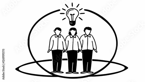 Vector illustration of three businessmen with shared light bulb idea