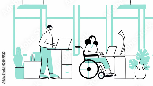Vector illustration of accessible office with employees using various assistive devices