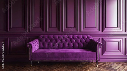 Purple velvet sofa in a classic room interior, design mockup