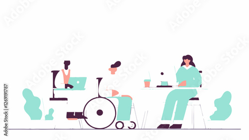 Vector illustration of inclusive workplace with people using assistive devices