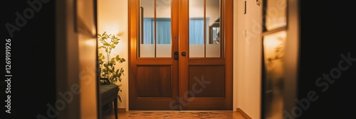 Warmly Lit Entrance With Double Wooden Doors And Plant