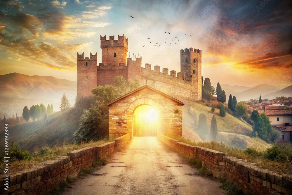 Fototapeta premium Soave Castle Entrance: Double Exposure Medieval Italian Architecture Stock Photo