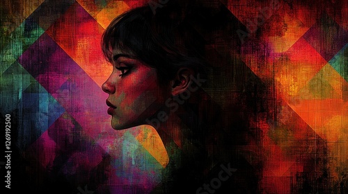 Woman's profile portrait in vibrant, abstract, geometric style.