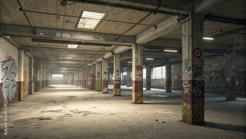 Abandoned Warehouse Interior Long Exposure, Concrete Pillars, Graffiti Art, 3D Render, Urban Decay, Industrial, Post-Apocalyptic Abandoned Warehouse