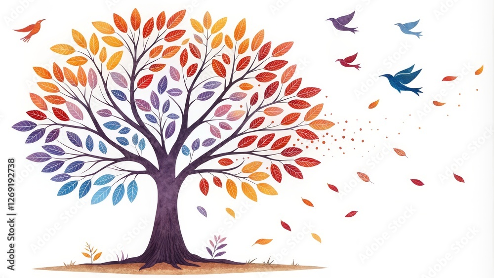 Fototapeta premium Autumnal Tree with Birds in Flight Watercolor, Digital Illustration, Seasonal Change, fall, birds Autumn leaves, watercolor painting