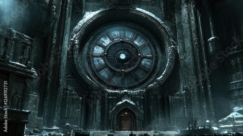 Dark fantasy architecture, large circular structure, snowy setting, ominous atmosphere.