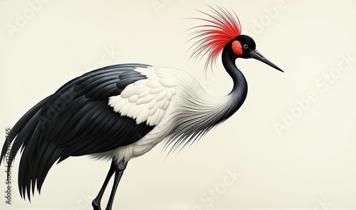 Detailed Crane Painting: Black and White Plumage with Vibrant Red Crest on White Background. A black and white bird with a bright red crest. photo