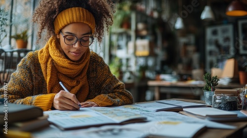 Focused young woman with curly hair writing in a notebook at a cafe table.