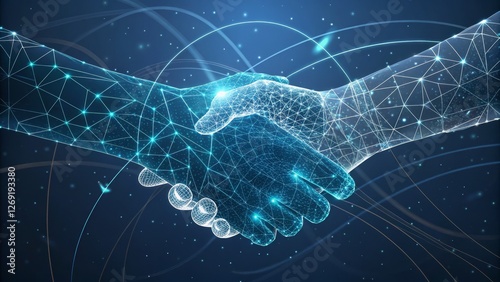 Digital Handshake Polygonal Network Connection, Abstract, Collaboration, Blue Background Digital collaboration, Networking