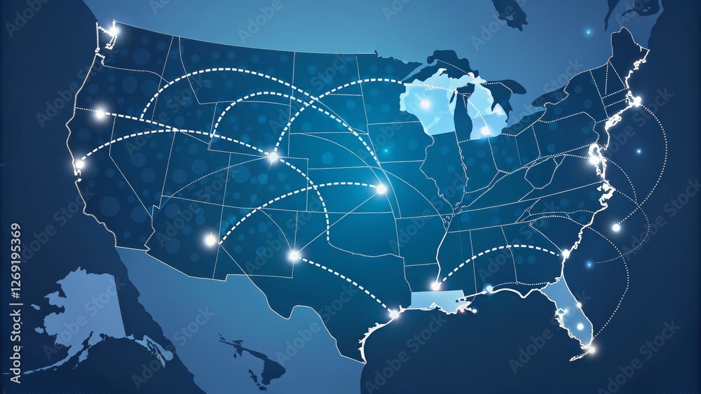 Fototapeta premium USA Network Map Blue Abstract Design, Connectivity Concept, Vector Illustration Network, Connectivity