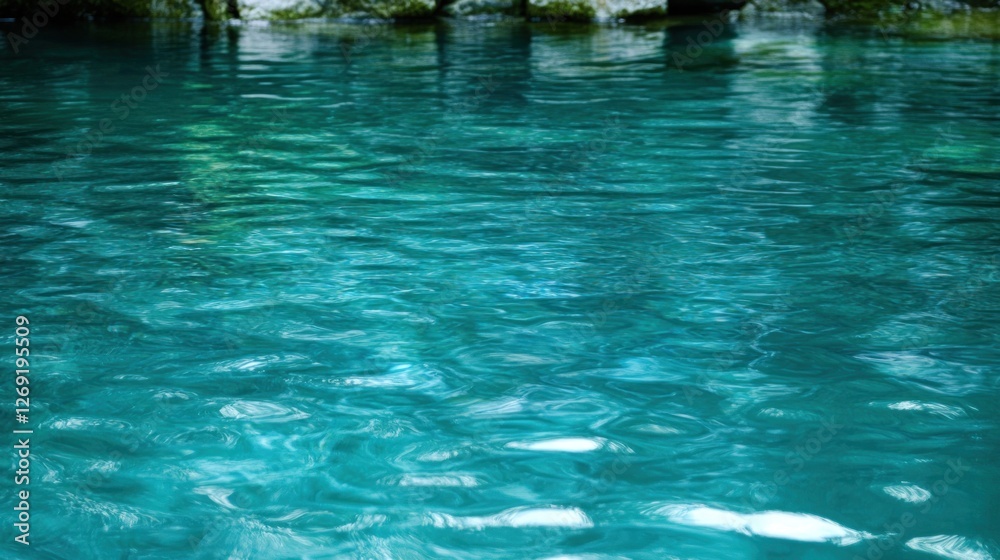 Clear turquoise water with subtle ripples reflecting shadows of overhanging rocks. Clear turquoise water with subtle ripples reflecting shadows of overhanging rocks.