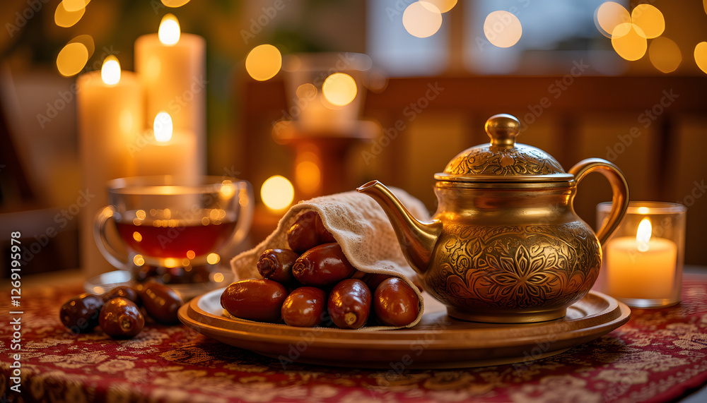 Fototapeta premium Warm festive gathering with tea and dates on patterned tablecloth, celebration