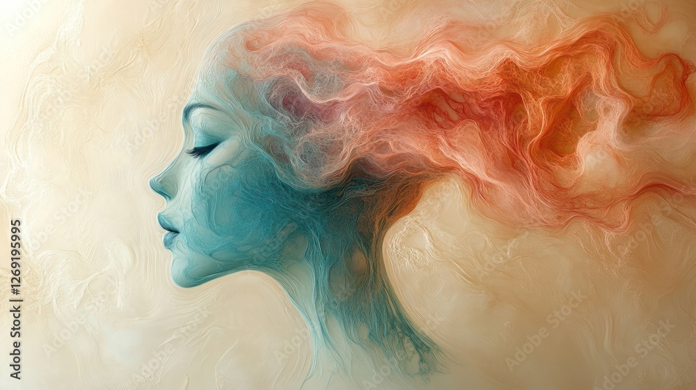 Serene woman's profile enveloped in swirling, colorful smoke. Serene woman's profile enveloped in swirling, colorful smoke.