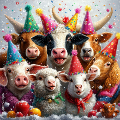 Fototapeta Naklejka Na Ścianę i Meble -  Happy farm animals celebrating with colorful party hats and confetti, including cows, pigs, sheep, and calf, creating joyful and festive atmosphere