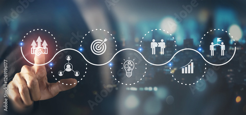 Business ecosystems and partnerships concept. Business collaboration strategies. Touching screen with partnership icons for the networking and solution of creating new opportunities.