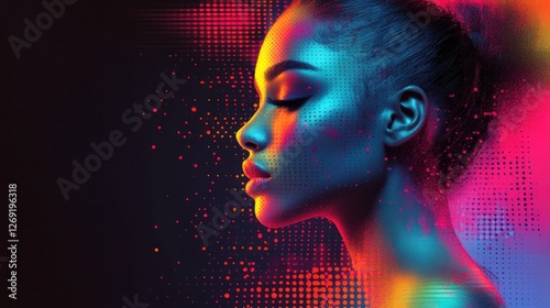 Colorful portrait of a woman's profile, illuminated with vibrant neon hues and digital pixel art background.