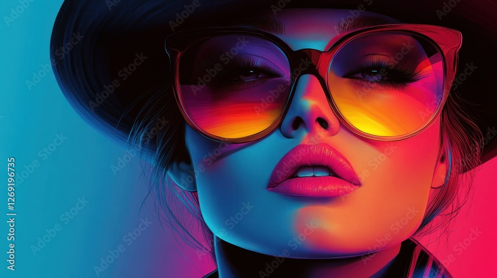 Stylish woman in sunglasses and hat, vibrant neon lighting. Stylish woman in sunglasses and hat, vibrant neon lighting.