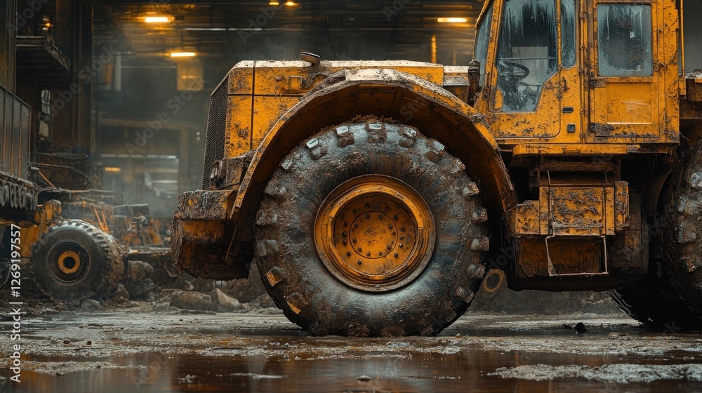 Mud-caked yellow bulldozer tire in industrial setting. Mud-caked yellow bulldozer tire in industrial setting.