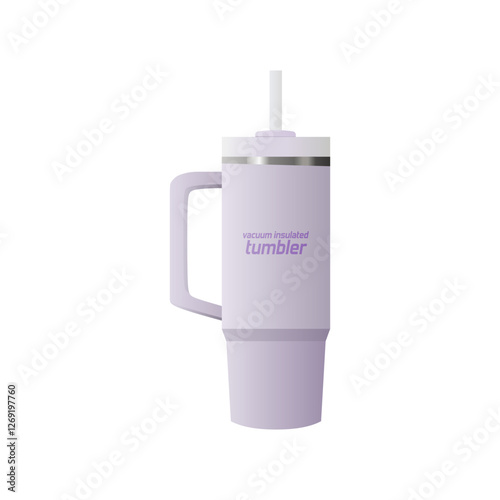 Stainless Steel Vacuum Insulated Tumbler with Lid and Straw in purple color, flat 3D realistic vector illustration in trendy style, editable graphic resources for many purposes.