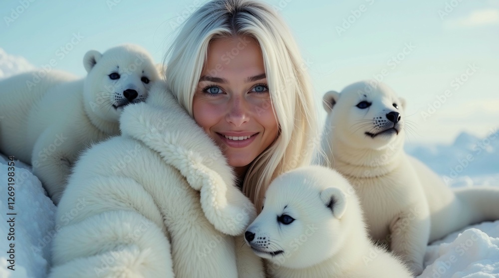 A woman is posing with a group of baby polar bears. The scene is set in a snowy environment, with the woman wearing a fur coat and the bears huddled together. Scene is warm and inviting, as the woman A woman is posing with a group of baby polar bears. The scene is set in a snowy environment, with the woman wearing a fur coat and the bears huddled together. Scene is warm and inviting, as the woman