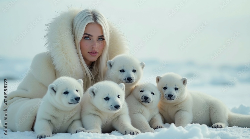 A woman is posing with a group of baby polar bears. The scene is set in a snowy environment, with the woman wearing a fur coat and the bears huddled together. Scene is warm and inviting, as the woman A woman is posing with a group of baby polar bears. The scene is set in a snowy environment, with the woman wearing a fur coat and the bears huddled together. Scene is warm and inviting, as the woman