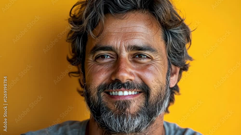 Man with a beard and gray hair is smiling at the camera. He is wearing a gray shirt and has a yellow background Man with a beard and gray hair is smiling at the camera. He is wearing a gray shirt and has a yellow background