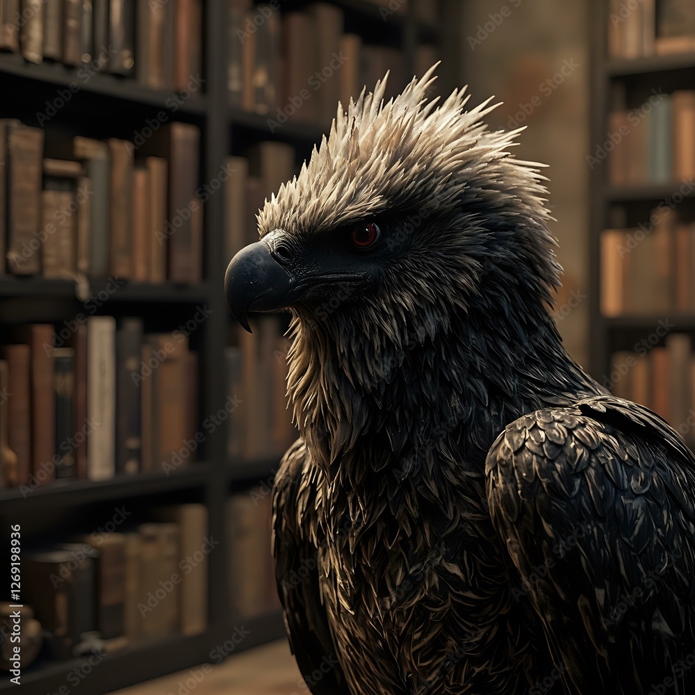 Fototapeta premium A close-up image of a detailed eagle sculpture with a textured, feathered head and sharp beak, set against a backdrop of bookshelves filled with books.